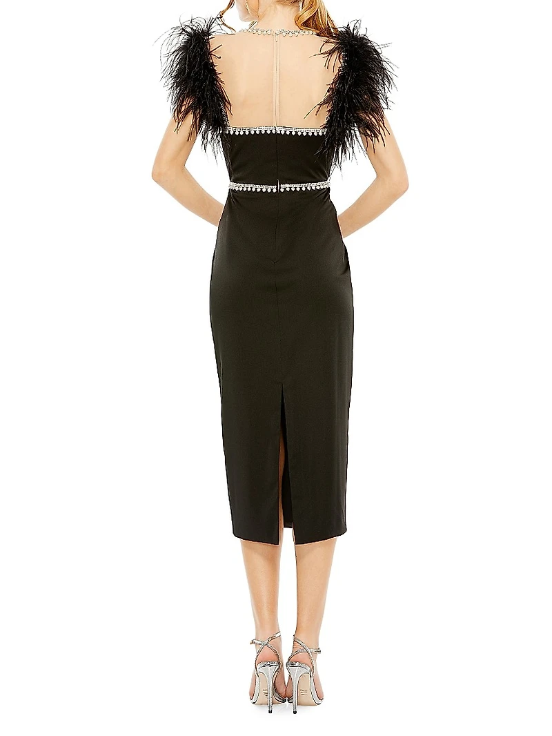 Feather & Pearl-Embellished Midi-Dress