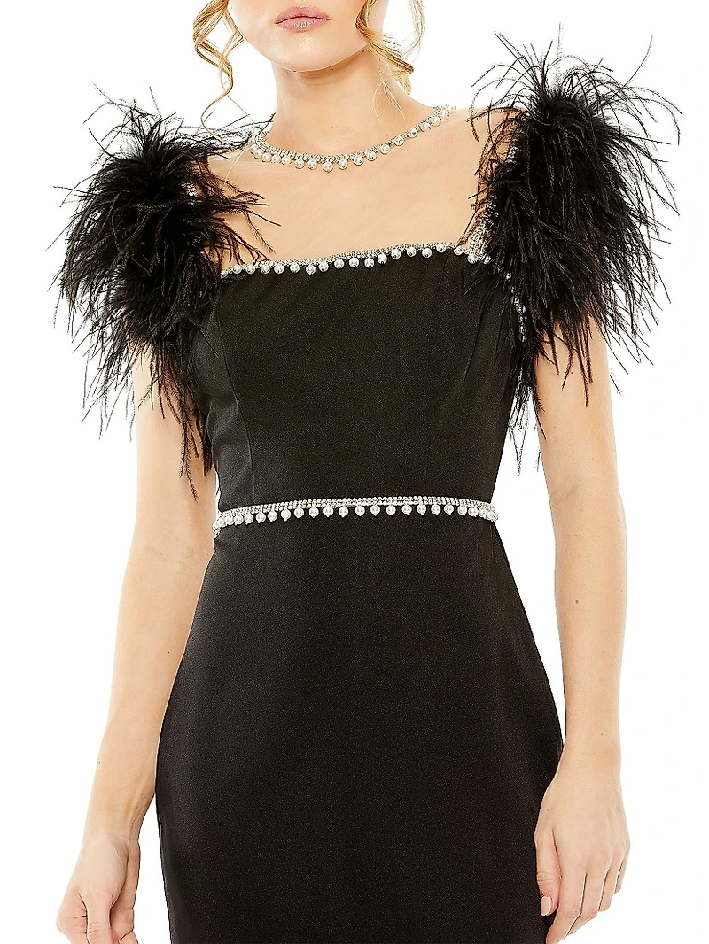 Feather & Pearl-Embellished Midi-Dress