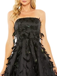 Feather-Embellished Strapless Ball Gown