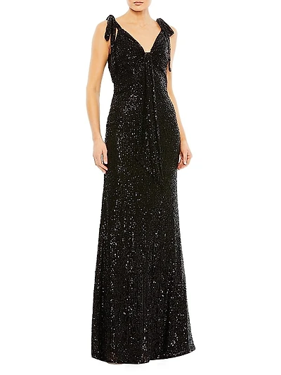 Sequined Bow-Shoulder Column Gown