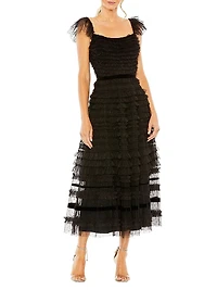 Flutter-Sleeve Tiered Ruffle Gown
