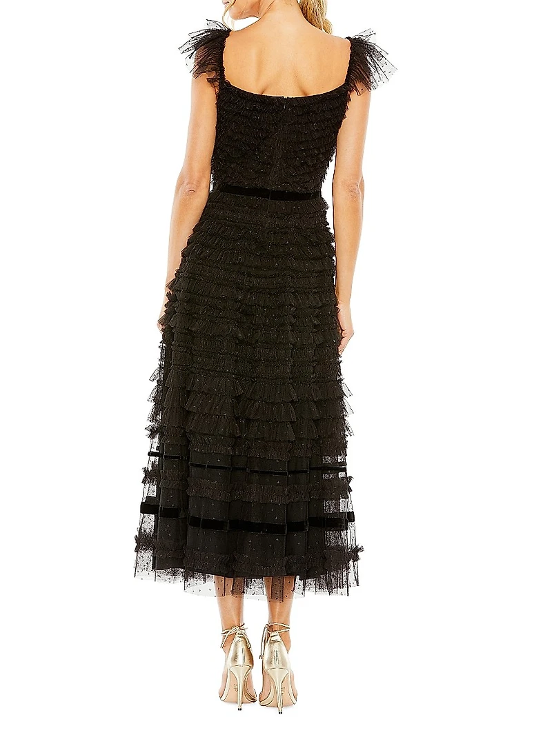 Flutter-Sleeve Tiered Ruffle Gown