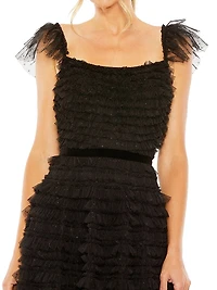 Flutter-Sleeve Tiered Ruffle Gown