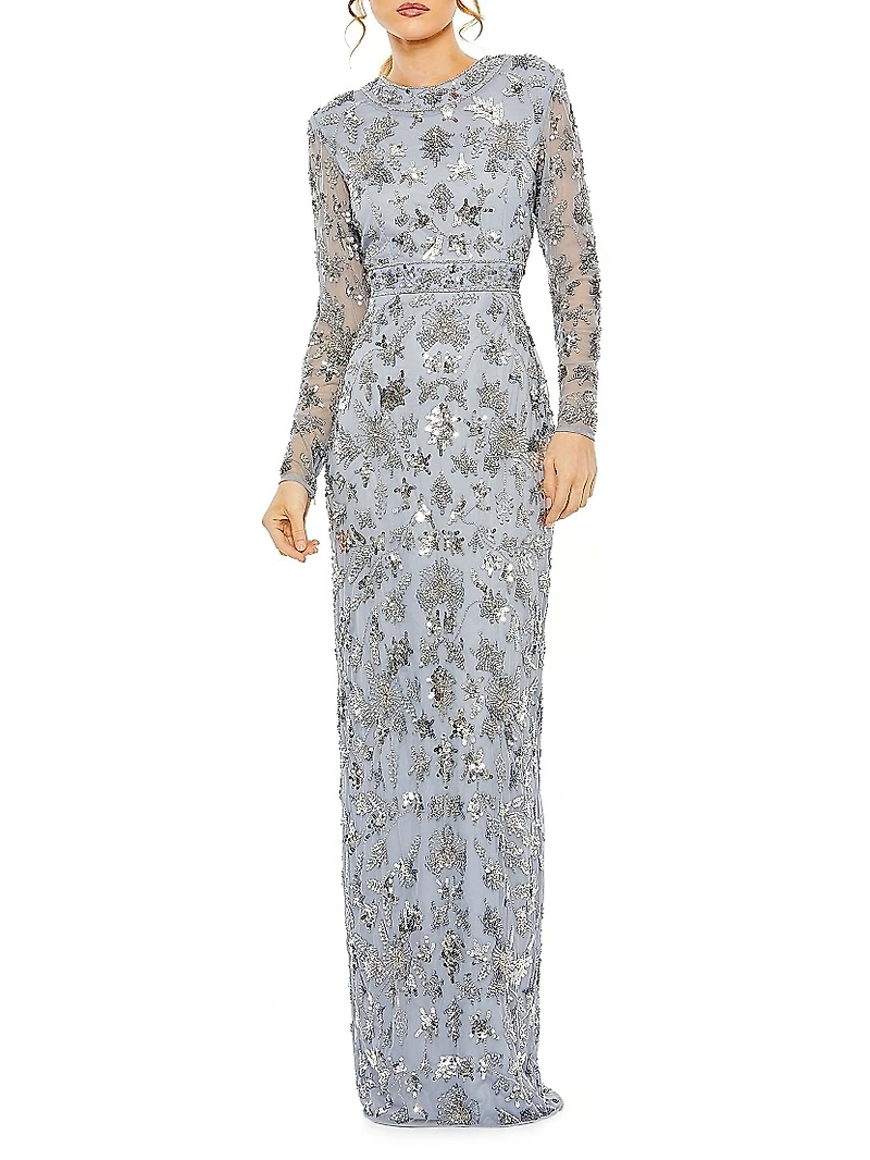 Sequined Long-Sleeve Column Gown