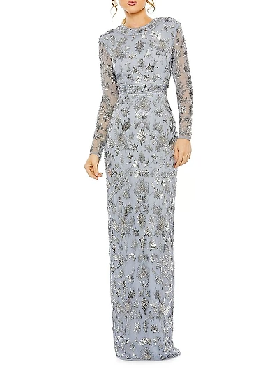 Sequined Long-Sleeve Column Gown