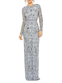 Sequined Long-Sleeve Column Gown