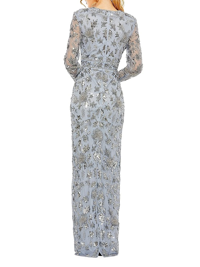 Sequined Long-Sleeve Column Gown