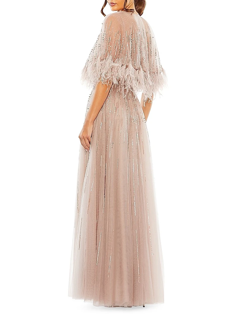 Embellished Feather CapeA-Line Gown