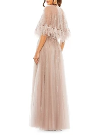 Embellished Feather CapeA-Line Gown