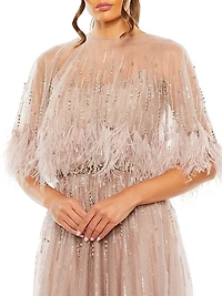 Embellished Feather CapeA-Line Gown