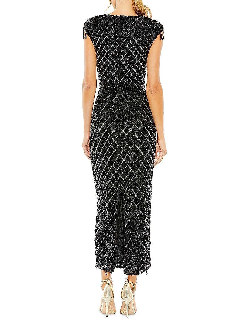 Crystal Fringe Cap-Sleeve Dress