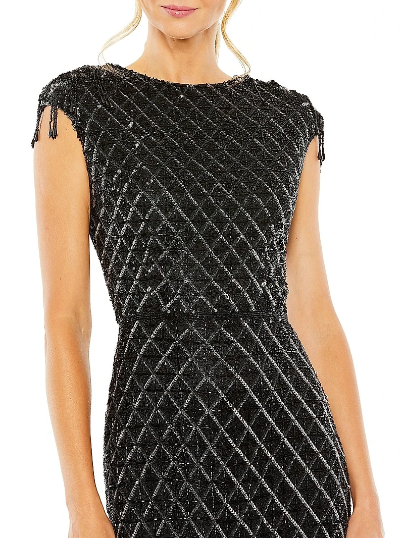 Crystal Fringe Cap-Sleeve Dress