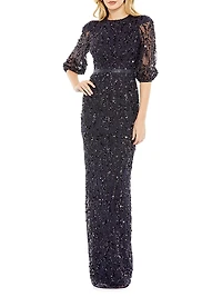 Sequined Elbow-Sleeve Column Gown