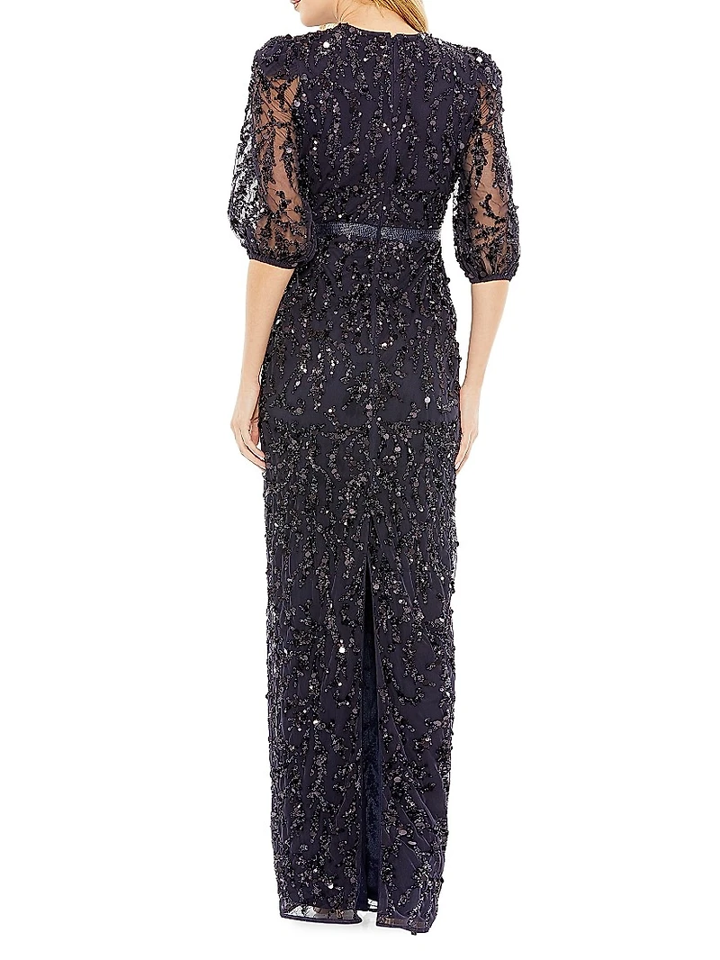 Sequined Elbow-Sleeve Column Gown
