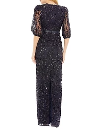 Sequined Elbow-Sleeve Column Gown