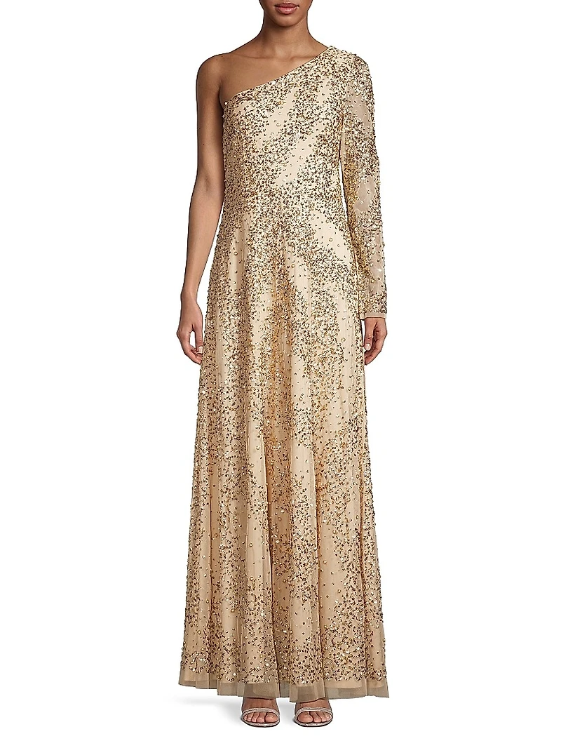 Beaded One-Shoulder Gown