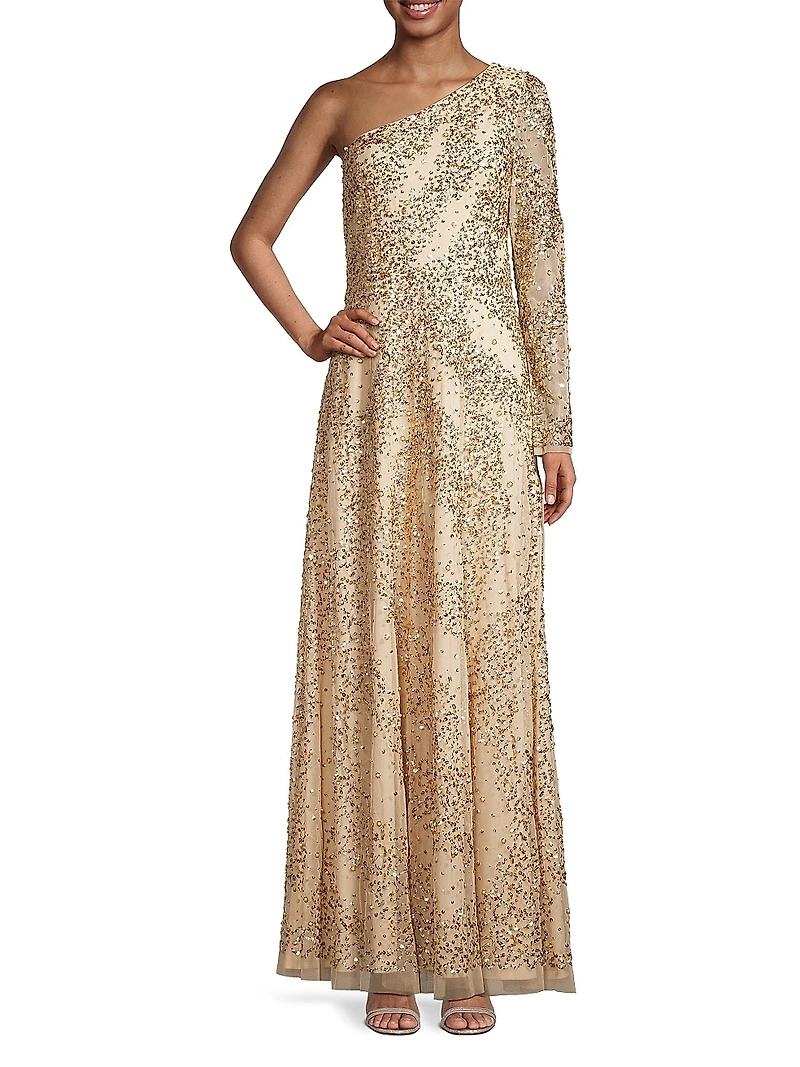 Beaded One-Shoulder Gown