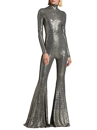 Sequined Flare-Leg Mock Turtleneck Jumpsuit