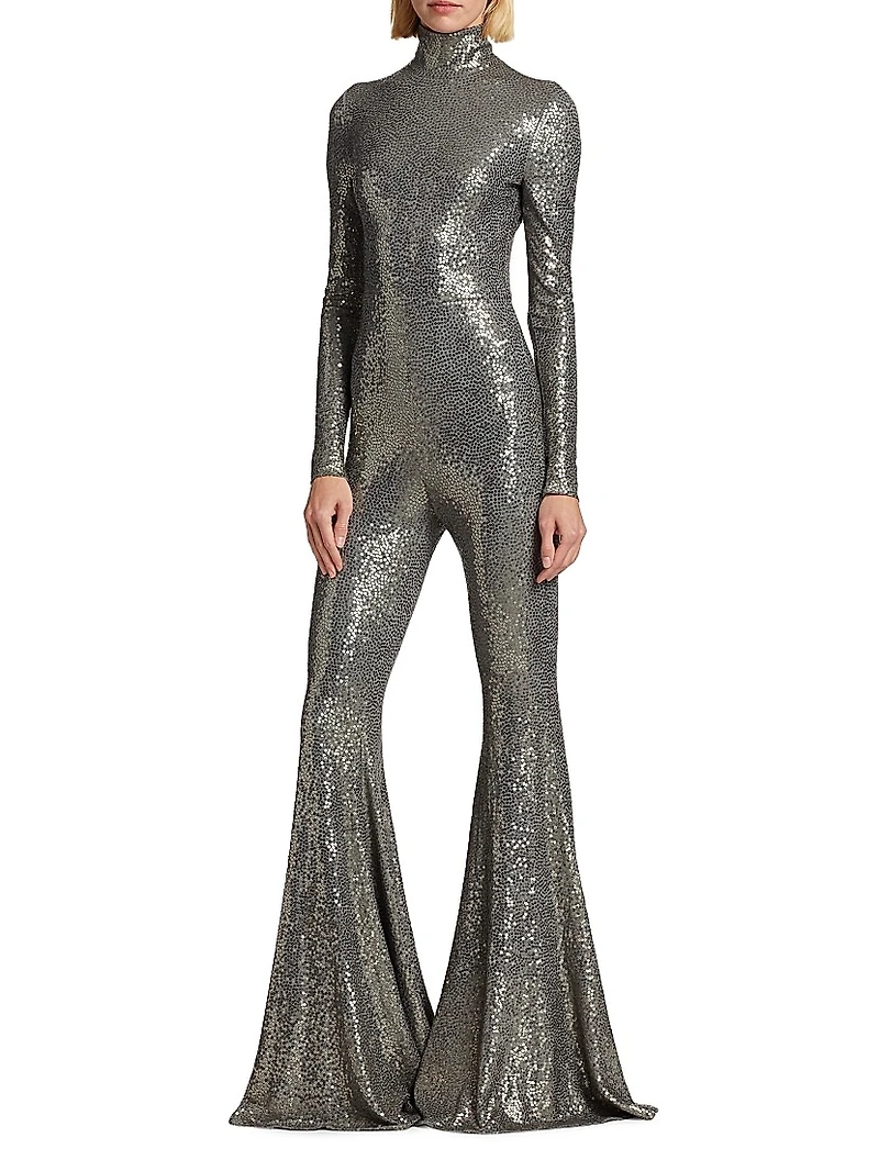 Sequined Flare-Leg Mock Turtleneck Jumpsuit