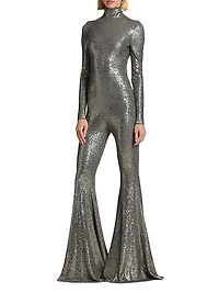 Sequined Flare-Leg Mock Turtleneck Jumpsuit