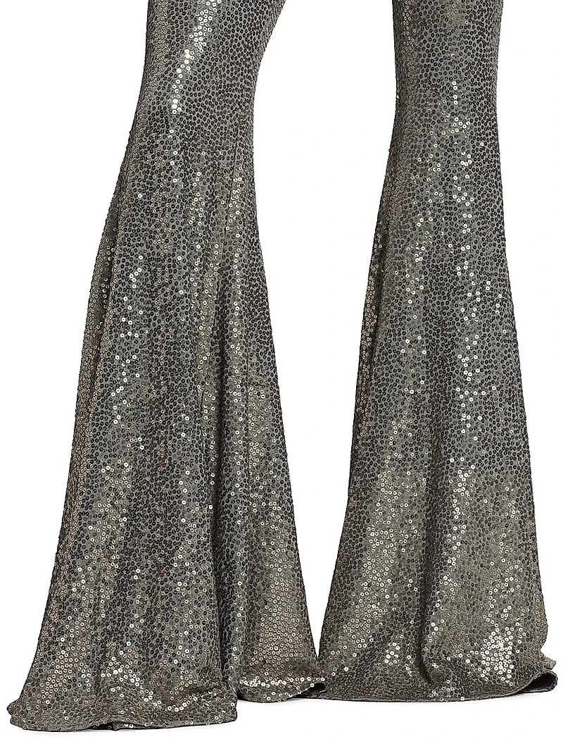 Sequined Flare-Leg Mock Turtleneck Jumpsuit
