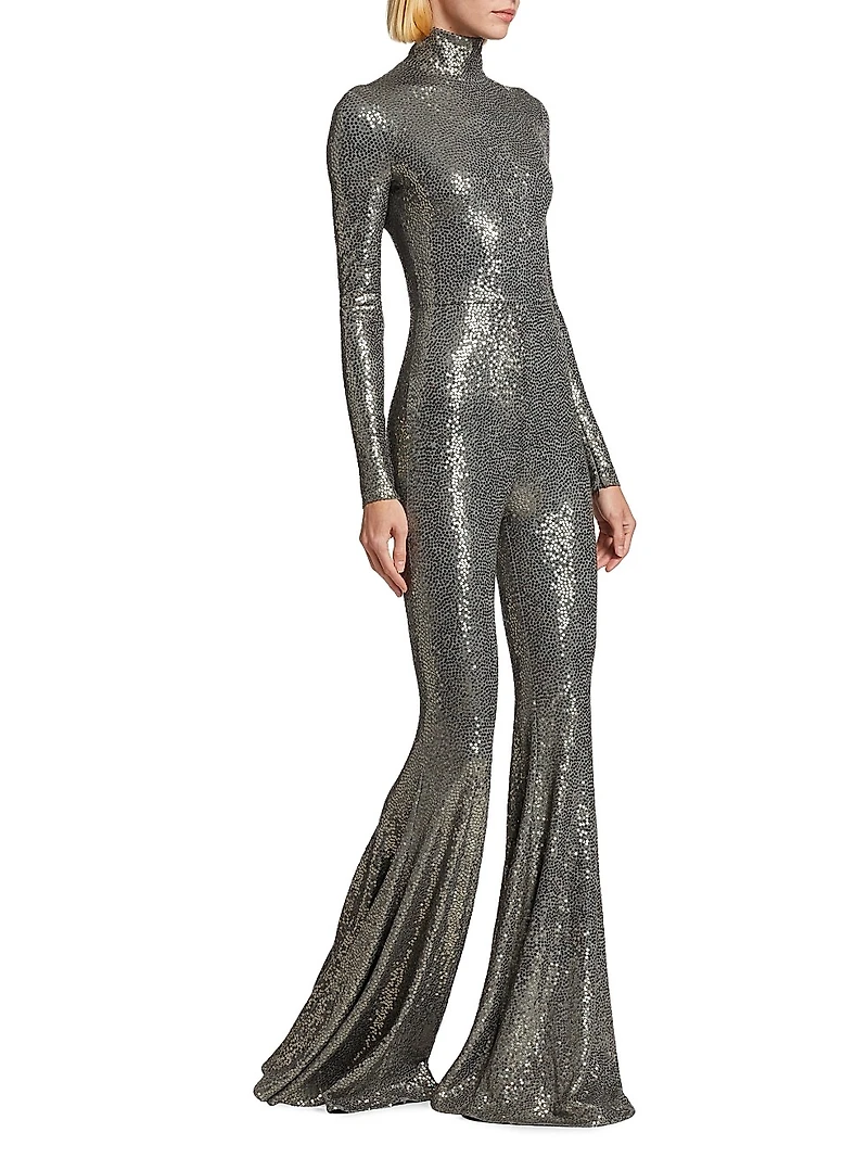 Sequined Flare-Leg Mock Turtleneck Jumpsuit