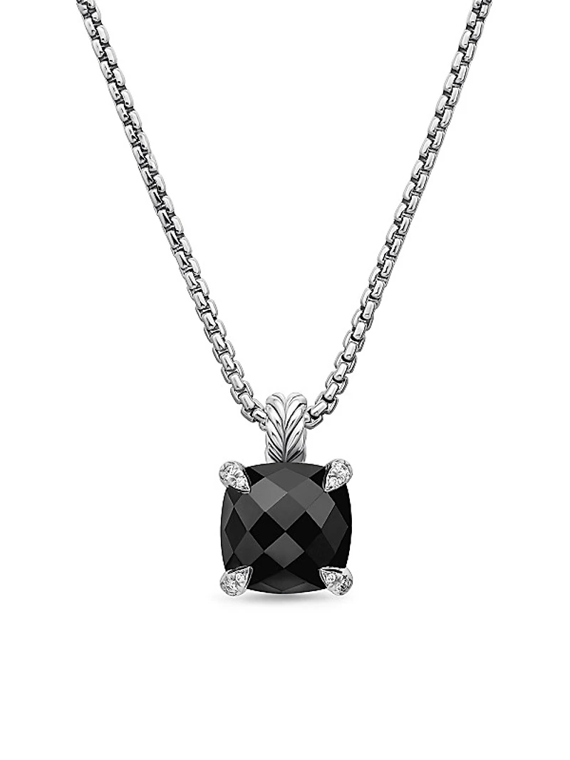 Chatelaine Pendant Necklace in Sterling Silver with Black Onyx and Diamonds, 11mm