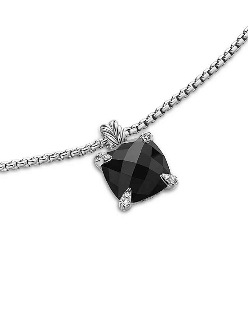 Chatelaine Pendant Necklace in Sterling Silver with Black Onyx and Diamonds, 11mm