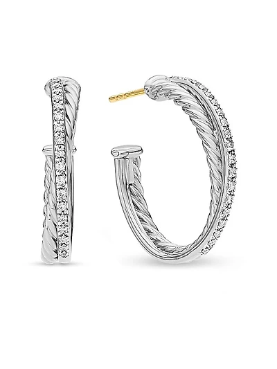Crossover Hoop Earrings in Sterling Silver with Diamonds, 26.5mm