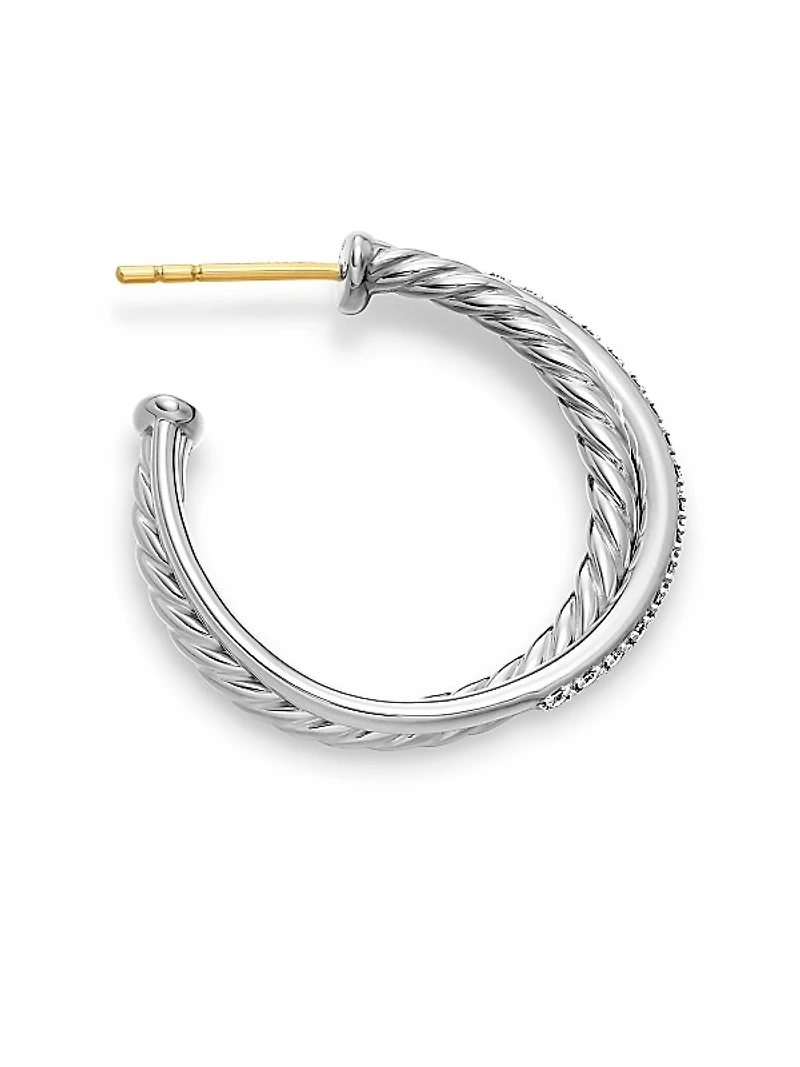 Crossover Hoop Earrings in Sterling Silver with Diamonds, 26.5mm