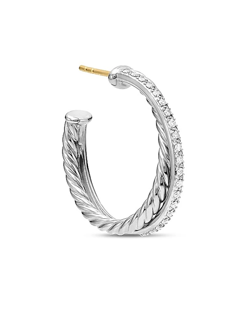 Crossover Hoop Earrings in Sterling Silver with Diamonds, 26.5mm