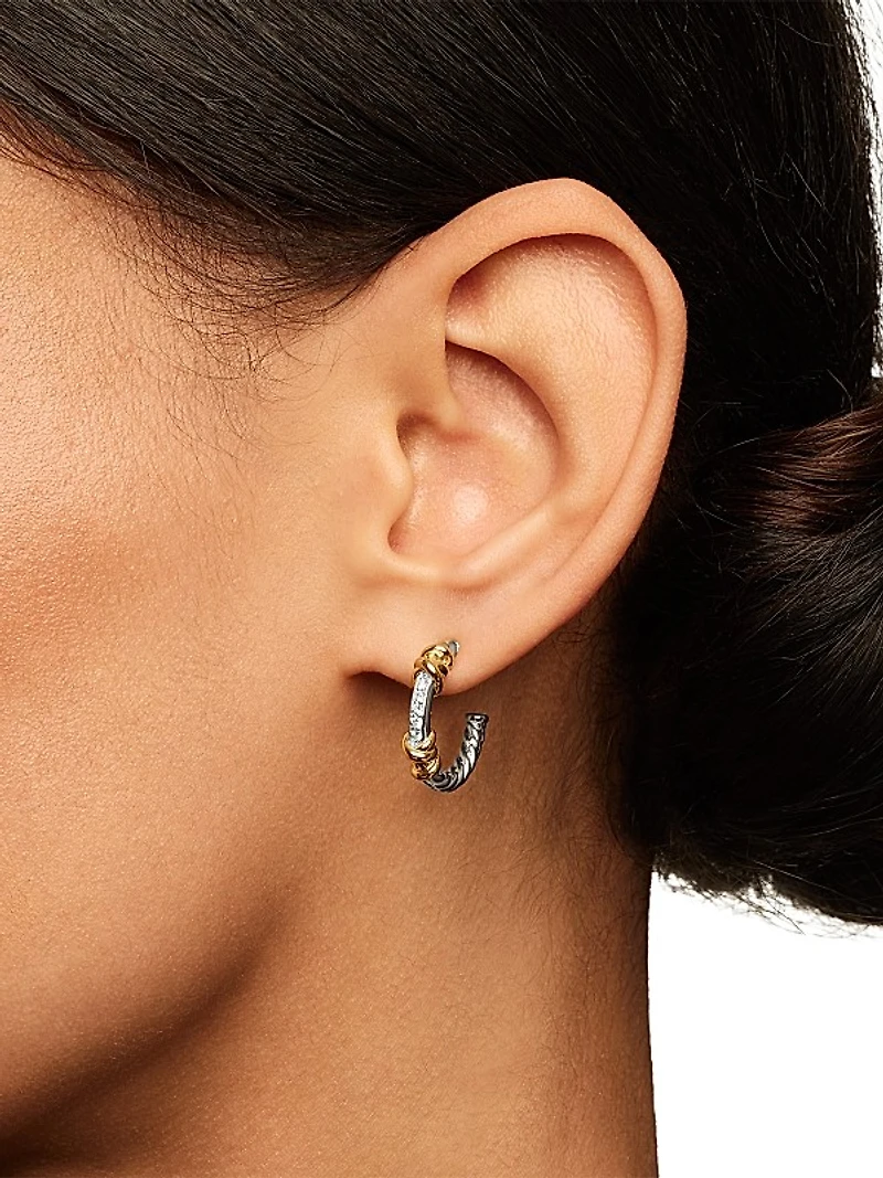 Petite Helena Wrap Hoop Earrings in Sterling Silver with 18K Yellow Gold and Diamonds, 3/4in