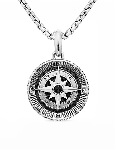 Maritime Compass Amulet in Sterling Silver with Center Black Diamond, 26.8mm