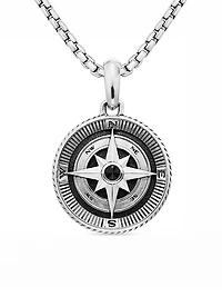 Maritime Compass Amulet in Sterling Silver with Center Black Diamond, 26.8mm
