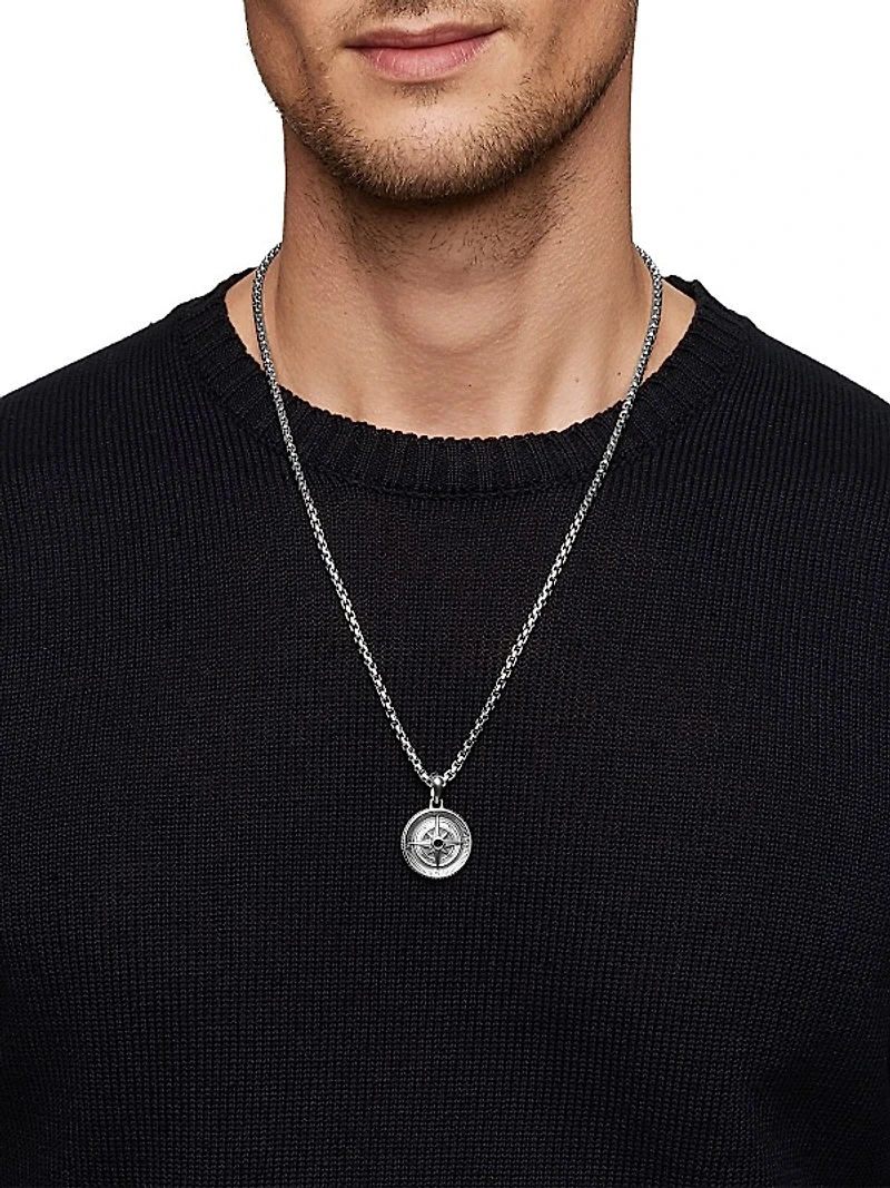 Maritime Compass Amulet in Sterling Silver with Center Black Diamond, 26.8mm