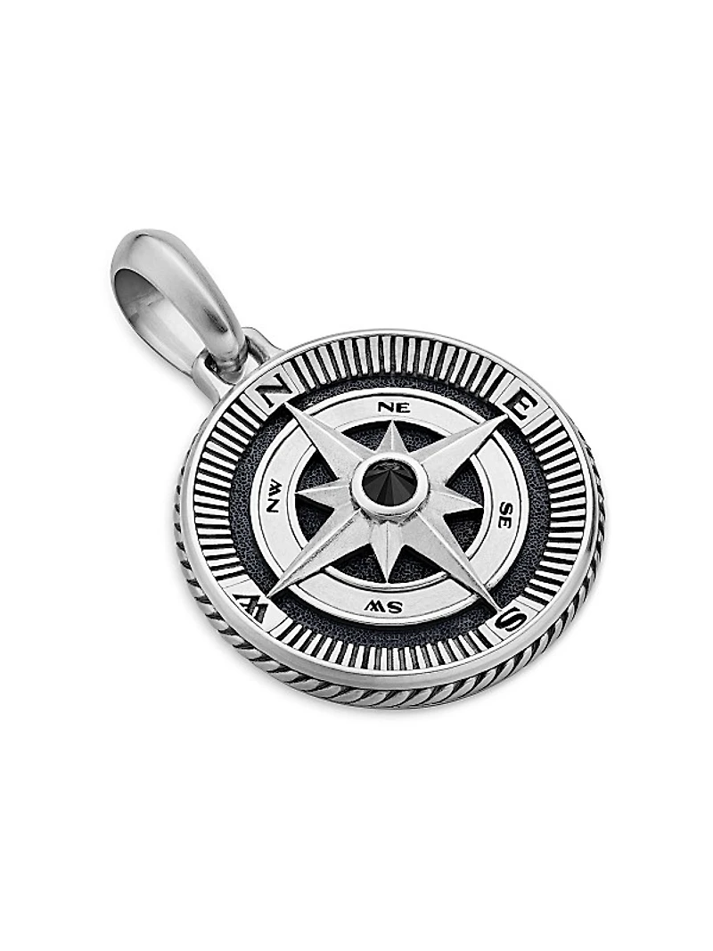 Maritime Compass Amulet in Sterling Silver with Center Black Diamond, 26.8mm
