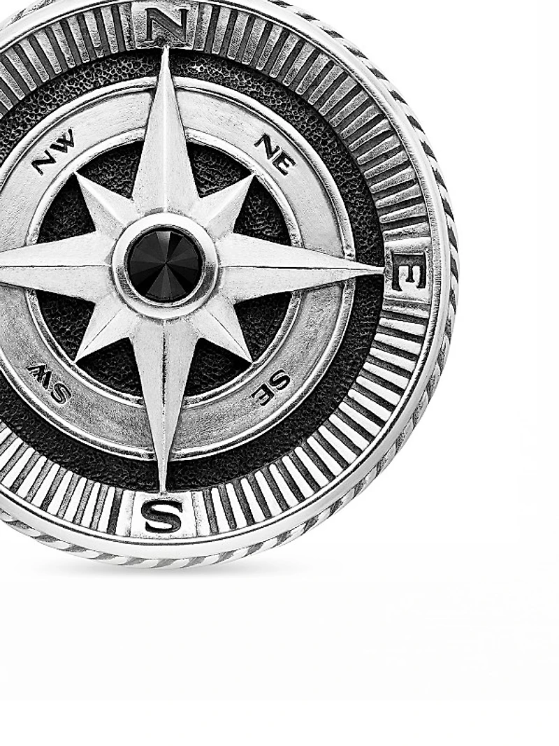 Maritime Compass Amulet in Sterling Silver with Center Black Diamond, 26.8mm