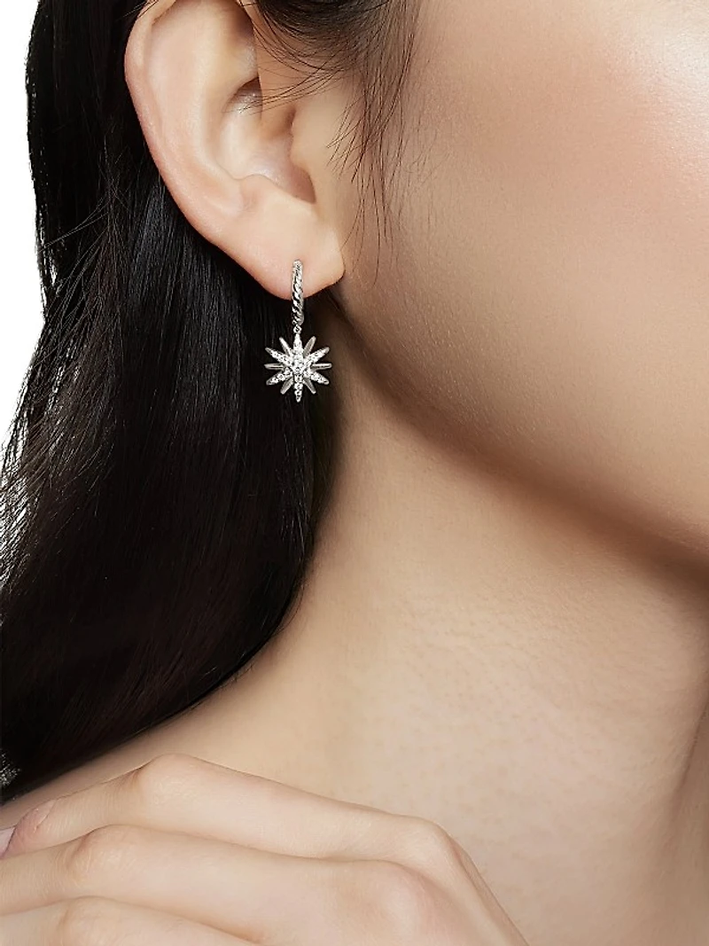 Starburst Drop Earrings in Sterling Silver with Diamonds, 25mm