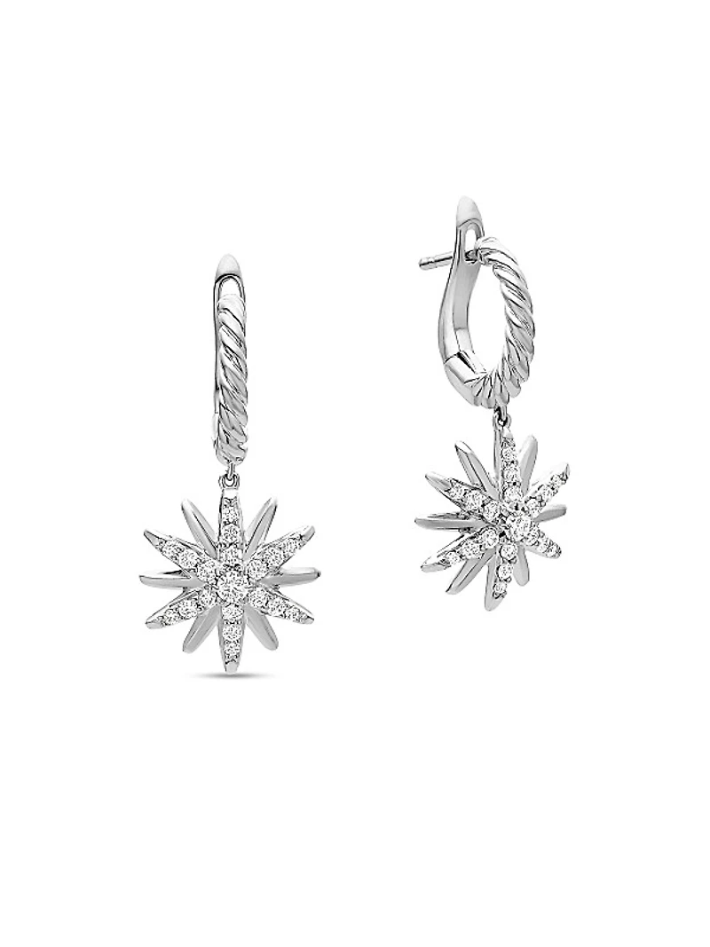 Starburst Drop Earrings in Sterling Silver with Diamonds, 25mm