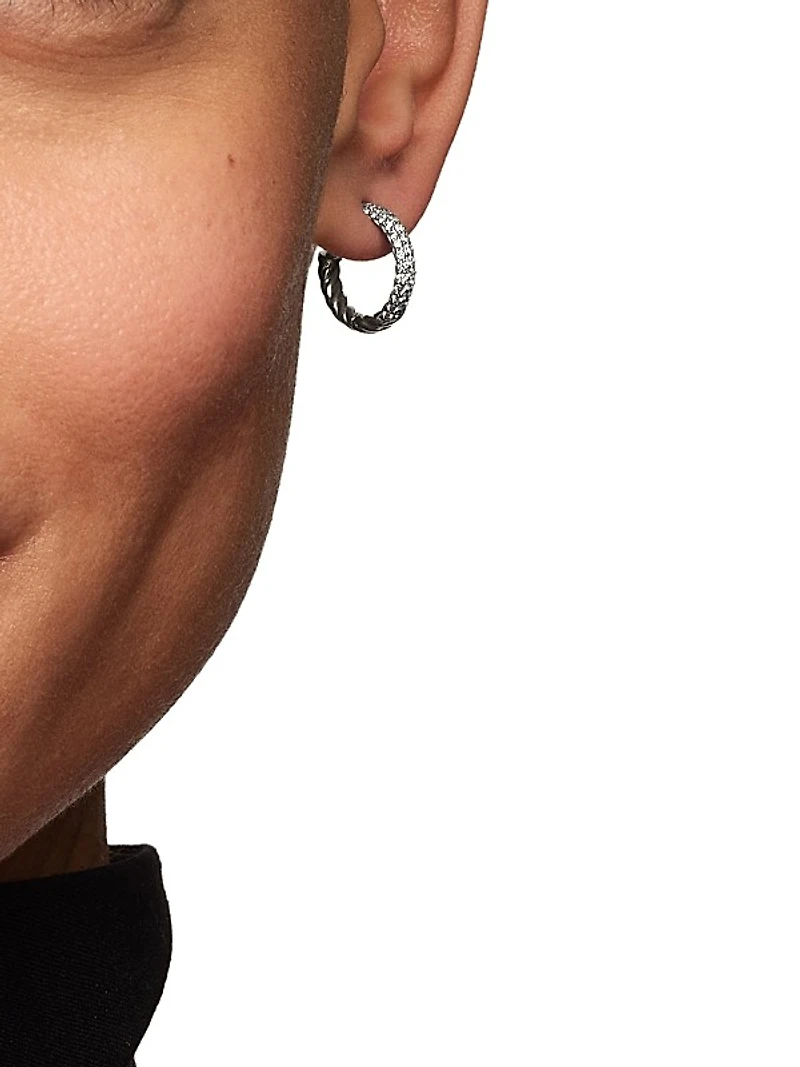 Petite Pavé Huggie Hoop Earrings in Sterling Silver with Diamonds, 14mm
