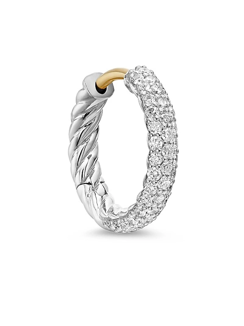 Petite Pavé Huggie Hoop Earrings in Sterling Silver with Diamonds, 14mm
