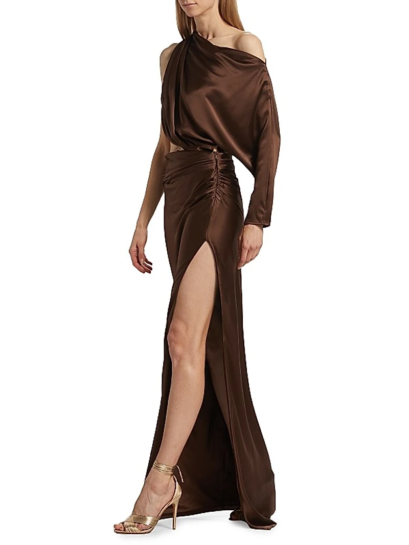 Draped Asymmetric Satin Cut-Out Gown