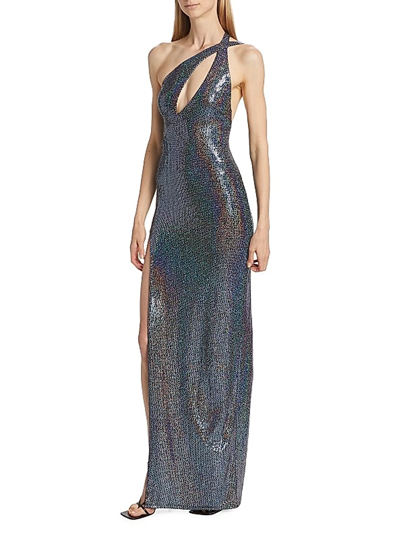 Iridescent One-Shoulder Slit Column Gown