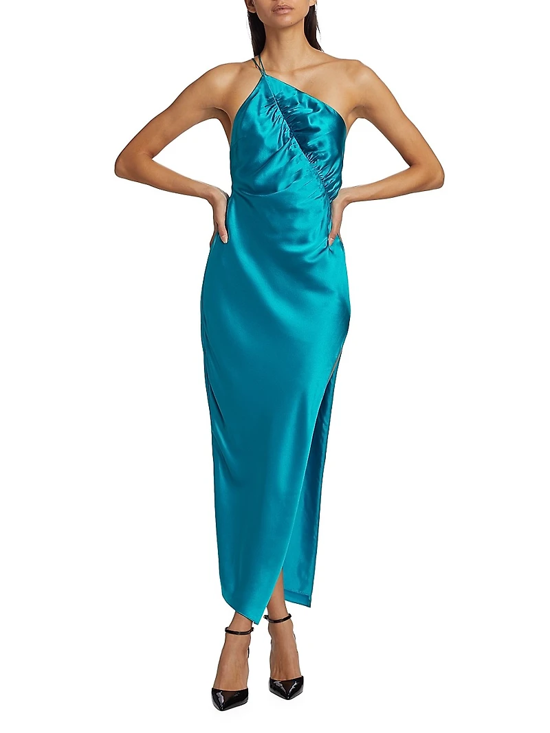 Leaf Silk Satin Midi-Dress