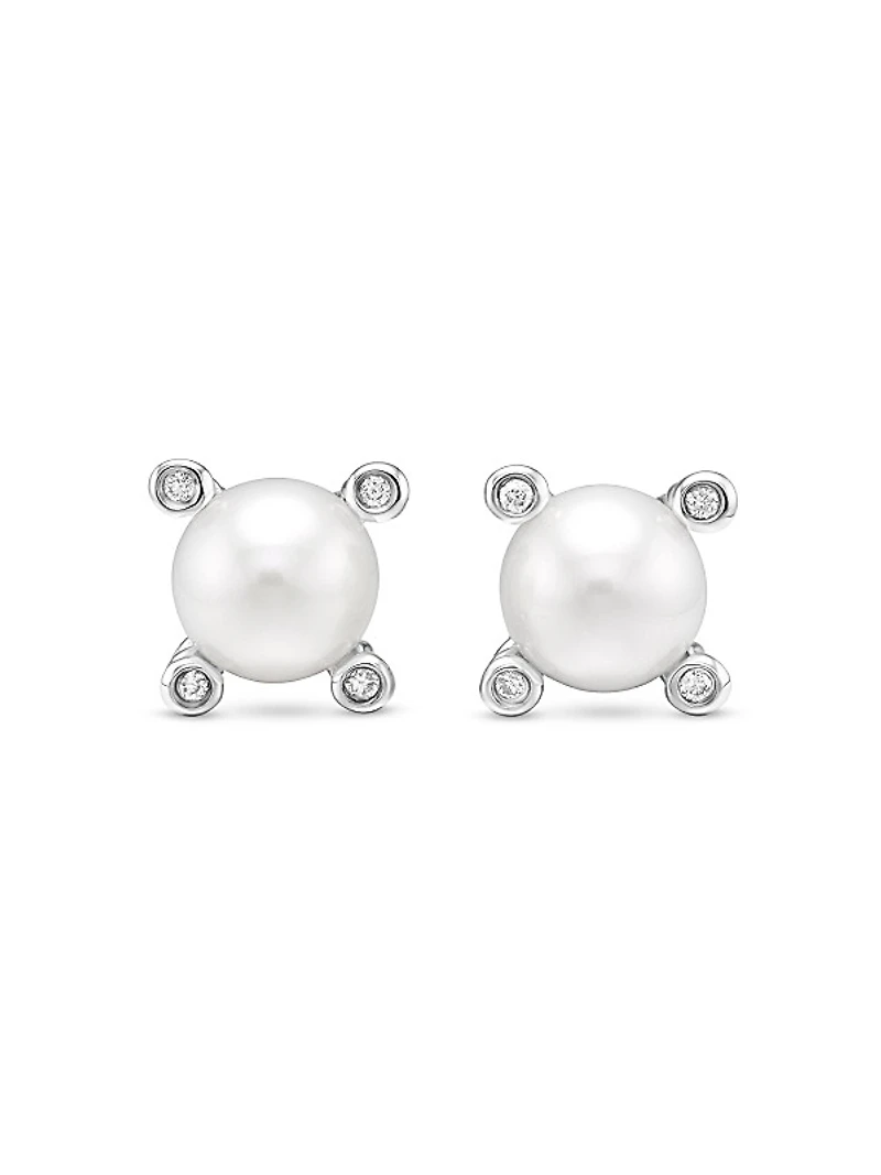 Pearl Stud Earrings in Sterling Silver with Pearls and Diamonds, 7.4mm