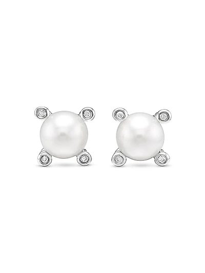 Pearl Stud Earrings in Sterling Silver with Pearls and Diamonds, 7.4mm