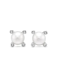 Pearl Stud Earrings in Sterling Silver with Pearls and Diamonds, 7.4mm