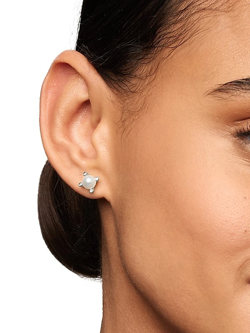 Pearl Stud Earrings in Sterling Silver with Pearls and Diamonds, 7.4mm