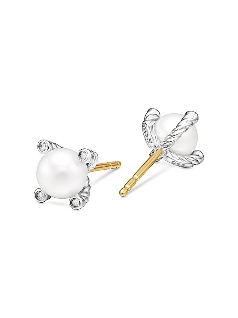 Pearl Stud Earrings in Sterling Silver with Pearls and Diamonds, 7.4mm