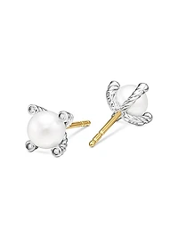 Pearl Stud Earrings in Sterling Silver with Pearls and Diamonds, 7.4mm